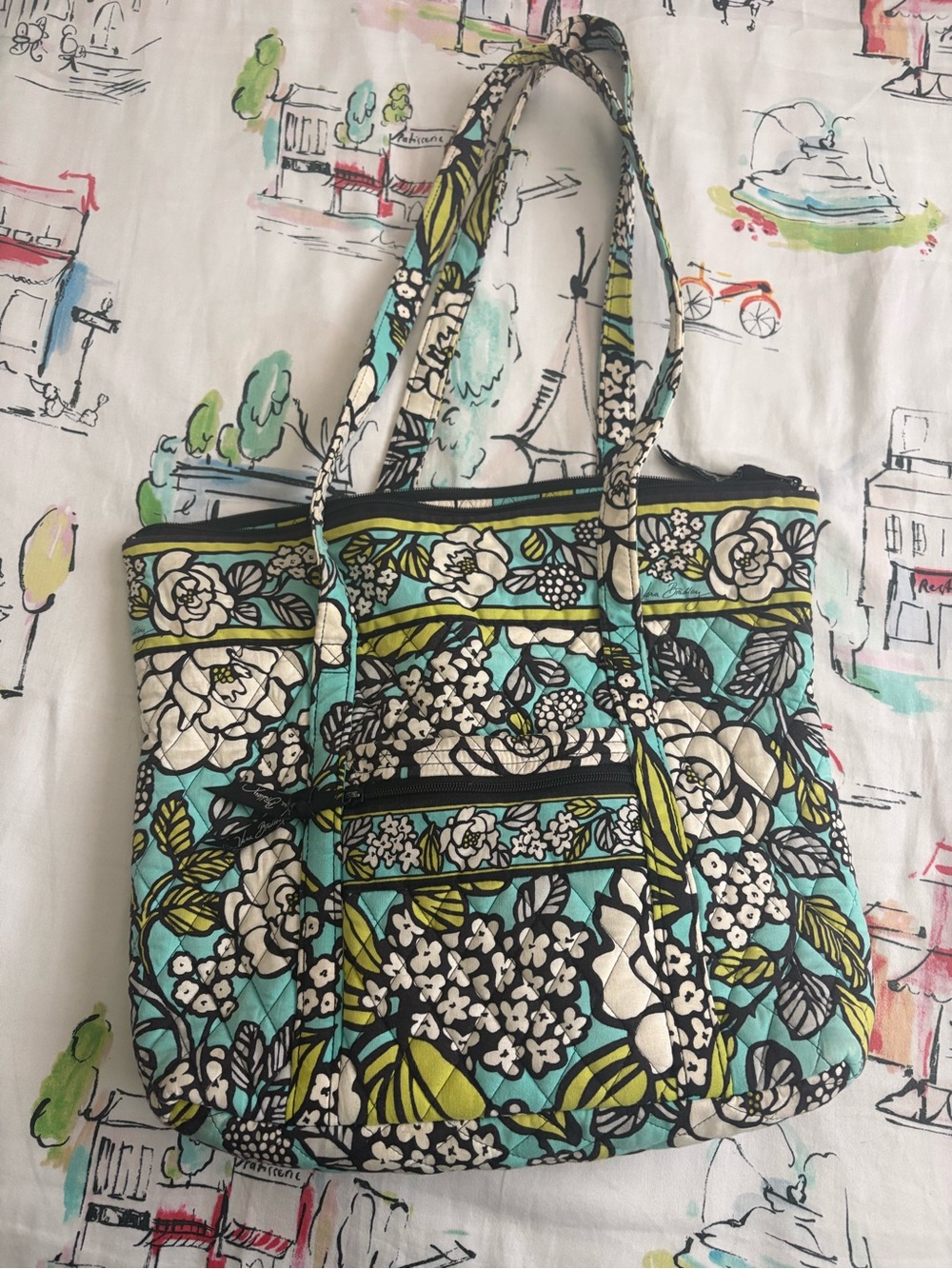Vera Bradley Teal Floral Quilted Tote with Cream and Black Accents